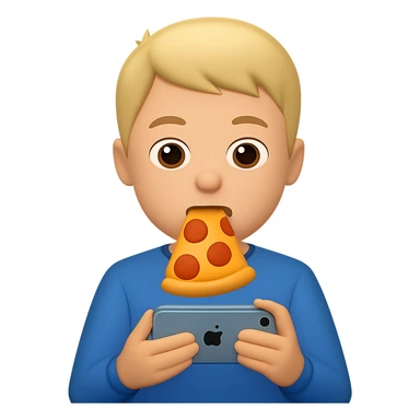 Change the food to pizza, keep the boy watching videos on his phone, emoji style, casual clothes, with no background. The style should resemble apple style emojis. sticker
