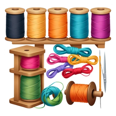 Weaving icon, spools of yarn, fabric swatches, sewing patterns, and finished clothes, minimalistic style, clean lines, transparent background. sticker