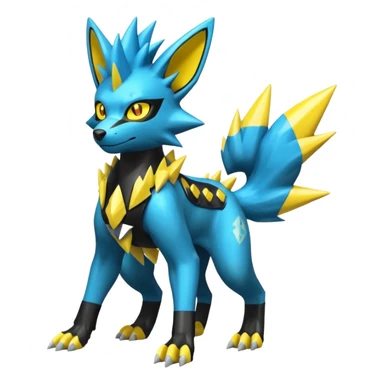 Shiny badass cool edgy spikey fluffy realistic cyan yellow white electric complex futuristic Zeraora-Luxray-Electrike-Umbreon-Manectric-Weregarurumon-fusion-creature (full body) (4 legs) sticker