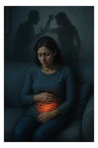 Donna sui 30 anni seduta su un divano, con una mano sull’addome e un'espressione visibilmente provata e triste. Intorno a lei, l’atmosfera è opaca e pesante, con toni freddi. Un’ombra simbolica dietro di lei rappresenta un evento stressante recente (es. un litigio o una perdita). Sul corpo, un lieve bagliore localizzato nella zona intestinale, a simboleggiare il dolore e l'infiammazione. Ambiente domestico, luci basse, emozione visibile. Stile realistico o metaforico con elementi emozionali e viscerali. sticker