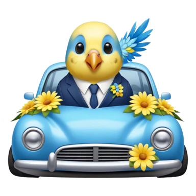 cute budgie on a car in a suit with flowers  sticker