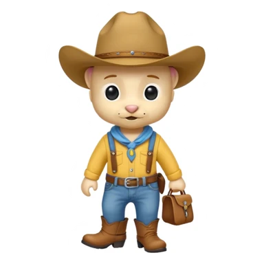 a very cute and adorable anthropomorphic puppy with a cowboy hat ,yellow shirt and blue jeans and brown boots is walking  sticker
