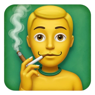 Hazme una carita amarilla aturdida con un cigarro en la boca soltando humo, el cigarro es de papel de liar y dentro está relleno de un tabaco verde sticker