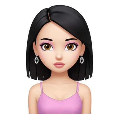 generate a pretty bratz girl with a pink cami top, straight black hair, silver jhumkas on sticker
