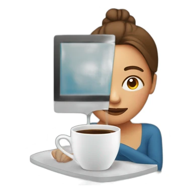 woman forehead behind a computer and coffee cup sticker