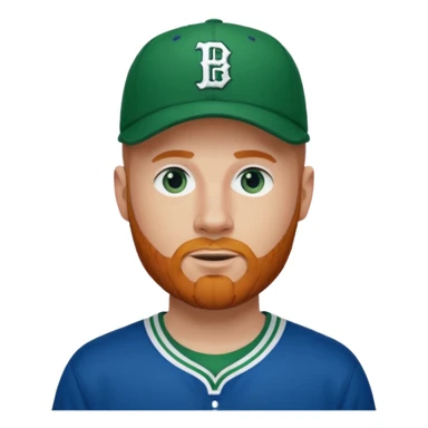 Bald white man with ginger beard, blue eyes in Tatum Celtics jersey and Celtics baseball cap sticker