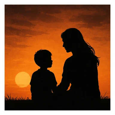 Silhouette of a mother and son watching the sunset together, serene and artistic sticker