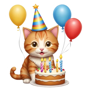 Ginger tabby kitten celebrates birthday, birthday hat, birthday cake, one candle, balloons, happy, gifts sticker