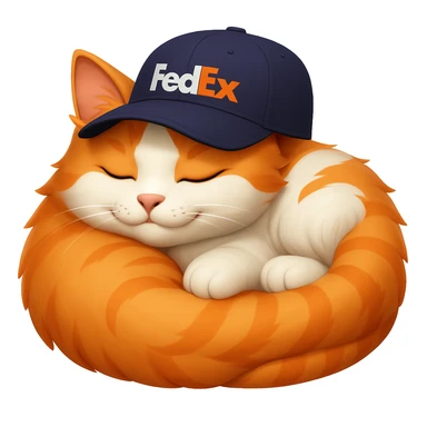sleeping cat emoji with a FedEx uniform cap sticker