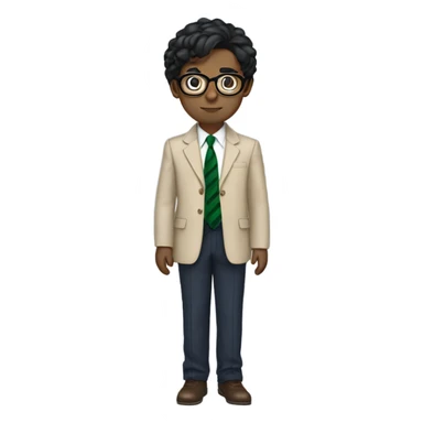 Hair: Messy, medium-length black hair covering the ears and forehead. Outfit: A formal school uniform featuring a white shirt with an open collar, a green striped tie, a navy sweater underneath, and a beige blazer on top. Skin color white. Glasses sticker