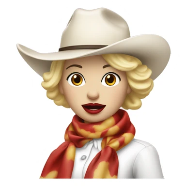 cowgirl with a white hat and white ASCOT scarf and blonde short hair with red lipstick eating hotdog sticker