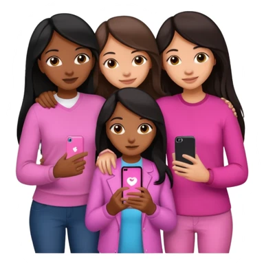 3 brown girl friends with a phone on their hand, one with black long hair light skin,  one with brown hair long and the other one with black with brown medium length hair . Wearing pink glammed up and hugging  sticker