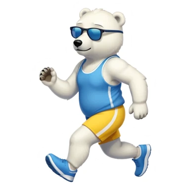 friendly anthropomorphised polar bear jogging upright, wearing blue and yellow athletic outfit and dark sunglasses sticker