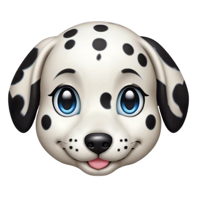 Cinematic Cute Harlequin Dalmatian Portrait Emoji, Head tilted playfully and inquisitively, featuring a glossy Fur of predominantly white with dynamic black patches, round, sparkling blue eyes filled with gentle curiosity, Simplified yet irresistibly adorable features, highly detailed, glowing with a warm, friendly glow, high shine, affectionate and gentle, stylized with a touch of whimsy, bright and endearing, soft glowing outline, capturing the essence of a mischievous yet loving pup, so playful it feels like it could lumber out of the screen and into your arms! sticker