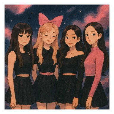 illustration inspired by BLACKPINK in Ghibli style, featuring black and pink colors, dreamy lighting, soft painterly textures, whimsical K-pop pop star vibe sticker