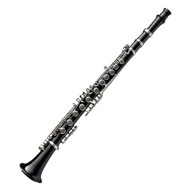 Create an elegant and refined emoji representing A clarinet. The design should showcase the sleek, black wood finish of the clarinet with its shiny metal keys and elegant detailing. Include the distinct, high-quality features, giving it a modern and sophisticated look. Add subtle elements like the mouthpiece with the reed, emphasizing its importance in sound production. Use dark tones like ebony, silver for the keys, and soft light reflections to evoke a professional, classical feel. The background should be transparent. sticker