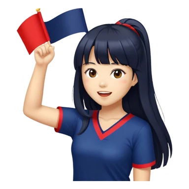 East Asian woman with long black straight hair and bangs wearing Doosan Bears team colors navy blue and red, cheering sticker
