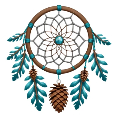 Winter-themed snow-covered spruce pine wooden pinecones and nuts dreamcatcher with white feathers, silvery chains and teal leaves sticker