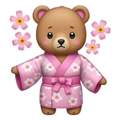 A cute light-brown bear wearing a pastel pink sakura-patterned kimono, normal balanced body ratio.  
Tilting head slightly with a confused face, a big floating question mark above the head.  
Kawaii emoji style, minimalistic clean sticker illustration, white background. sticker