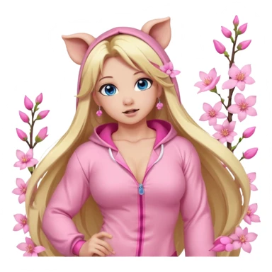 sexy and muscled, full body, in pink kegurumi pijamas, pig hood, sexy woman, long blond hair, beautiful blue eyes, makeup, earrings, muscled, surrounded by pink flowers and sakura petals sticker