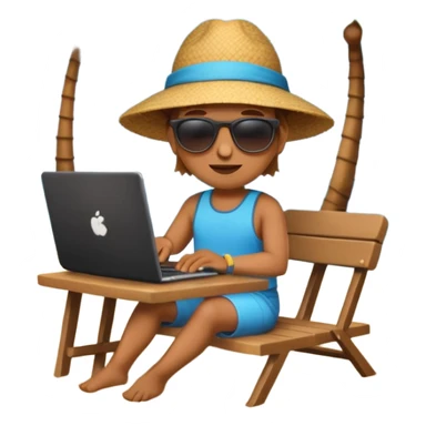 A gender-neutral emoji-style character (🧑‍💻) sitting at a small table with a laptop on the beach, palm tree and sea behind sticker