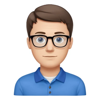 Scott The WozYoung white man, late 20s, short brown hair, blue eyes, clean-shaven, thin black rectangular glasses, slim build, wearing a blue polo shirt, friendly and energetic look. sticker