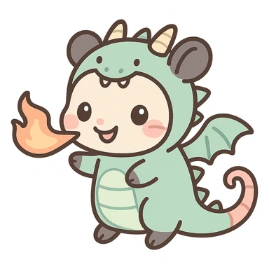cute cartoon possum breathing fire, dressed as a dragon with wings, kawaii style sticker