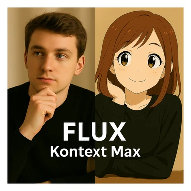 same similar image but chnage the text to "Flux Kontext Max", change people and pose too sticker