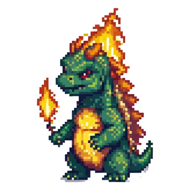 Chibi Godzilla, cute, breathing fire, pixel art style sticker