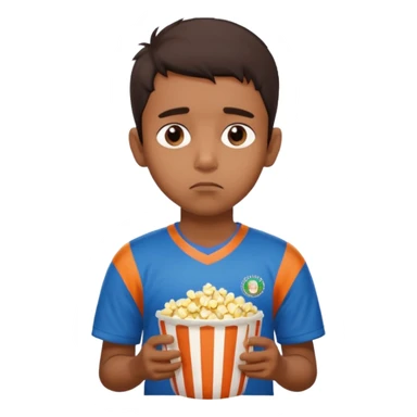 an indian boy wearing INDIAN cricket jersey and eating popcorn and looking sad sticker