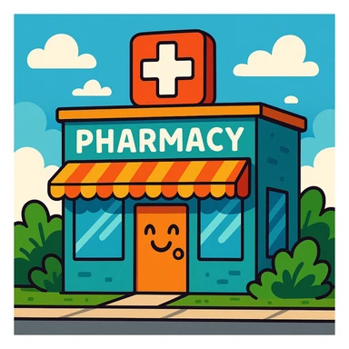 pharmacy building with red cross sign, cartoon style, welcoming look sticker