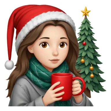 Brown eyes, fair skin, hooked nose, full lips, long hair down to her shoulders, wrapped in a gray blanket, drinking from a red mug with a Christmas tree sticker