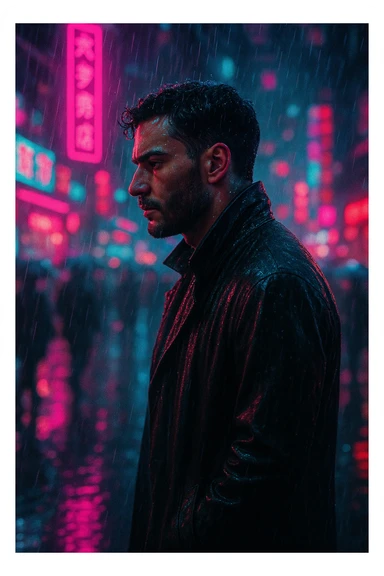 Transform the person in the reference image into a cinematic cyberpunk portrait. Depict a man walking through a neon-lit futuristic city at night with heavy rain, wearing a soaked trench coat. Show neon reflections on the wet street, dramatic side profile, and a serious expression. Use vibrant pink and blue ambient lighting from neon signs, a busy urban street with motion blur of rushing crowd, and shallow depth of field. Emulate a shot on 35mm film with a 35mm lens, aperture f/1.4. Lighting should include ambient neon and rim lighting. Colors to emphasize neon cyan, magenta, purple, electric blue, and hints of deep red. Convey an introspective, tense, noir detective mood with a moody Blade Runner atmosphere. Add analog film grain and slight chromatic aberration in post-processing. sticker