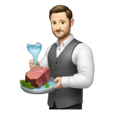 tim robinson dark black slicked back hair white long sleeve shirt with a light grey vest pouring water on a steak sticker