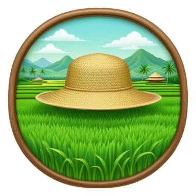 Cinematic Realistic image of a traditional rice farmer's hat, crafted from woven natural fibers with delicate texture details, set against a lush backdrop of vibrant green rice paddies under gentle, early morning light that evokes rural tradition. sticker