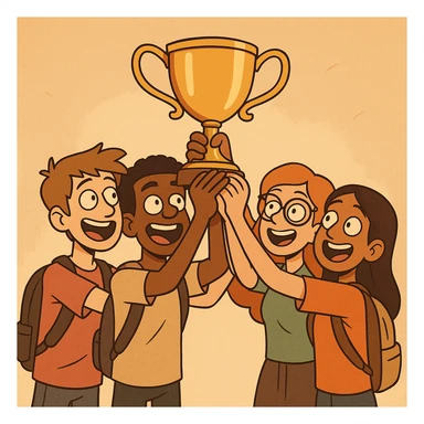 four students lifting a trophy, warm atmosphere, cartoon style, warm colors sticker