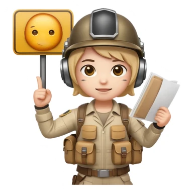Create a cute emoji-style PUBG Mobile character, chibi version with helmet and backpack, standing in victory pose, holding a blank white sign or paper sheet in both hands in front of chest, ready for text, clean white background, simple emoji design” sticker