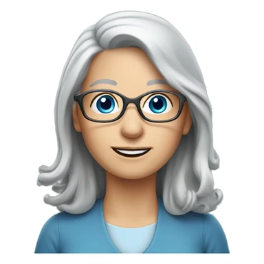long gray hair, older female, blue eyes, glasses, writing sticker