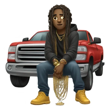 young hustler with dreads PUSHING TRUCK with both hands wearing a hoodie  with gold jewelry chains on sticker