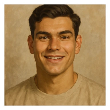 portrait of a young man, early twenties, square face, strong jawline, prominent cheekbones, broad forehead, thick arched eyebrows, hazel almond eyes, prominent eyelids, wide nose bridge, upturned nose tip, full lips, thinner upper lip, wheat skin, dark brown wavy hair combed right to left, normal ears, sincere happy smile, semi-realistic style sticker