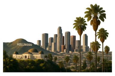 cinematic realistic emoji of Los Angeles, wide city view with iconic landmarks such as the Hollywood Sign, Griffith Observatory, downtown LA skyline, and palm trees, lifelike architectural detail, accurate colors, bright daytime lighting, fully transparent background, no sky, no clouds, no city name label sticker