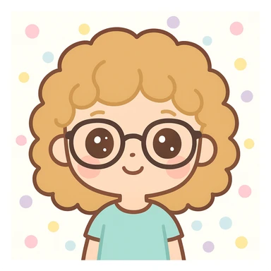 kawaii style avatar of a girl with dark blonde curly hair, black glasses, brown eyes sticker