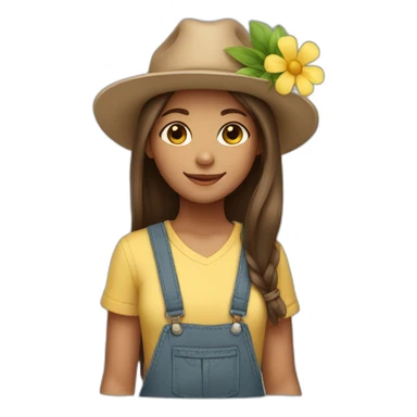 Girl with a flower in her hand, with a hat, brown straight hair sticker