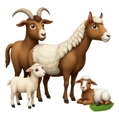 Icon for Domestic Hooved Animals: A gentle collage featuring a brown goat with large, curious eyes, a calm sheep with soft wool and a horse with a flowing mane. Background with a green pasture and a few hay bales. Transparent background. sticker
