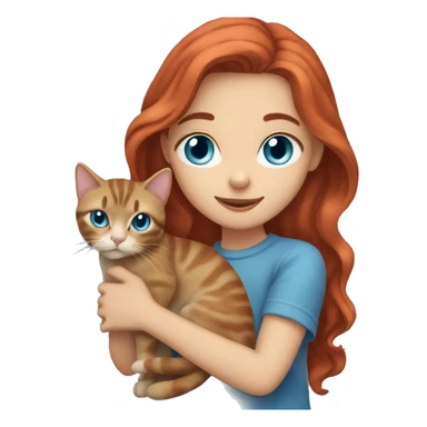 girl with red long wavy hair and blue eyes holding a grey tabby cat sticker