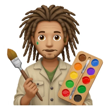 man artist with dreadlock, holding painter and color pallete sticker