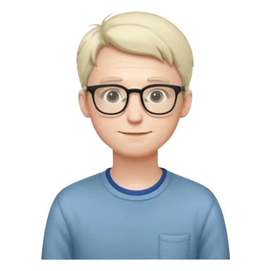 Timid adult male, pale skin, slim, soft features, glasses, slightly hunched posture, shy smile, casual nerdy clothes, small subtle blush, readable at small size, distinct from all other roles sticker