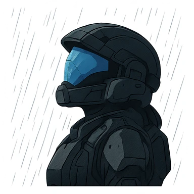 A female odst, blue full face visor, right shoulder profile, helmet on, looking up to the sky, the sky is pouring rain, midnight shadows sticker