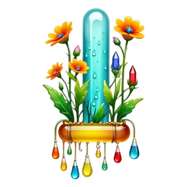 Create an icon that represents decorative arts using epoxy resin. The design should feature colorful tubes of resin, including fluorescent resin tubes, with visible drops or strokes of resin being applied to create intricate designs. Include finished resin jewelry pieces, such as pendants or rings, containing preserved flowers and insects encased in clear resin. The composition should feel vibrant, artistic, and delicate, showcasing the unique beauty of resin art with natural elements. The background should be transparent sticker