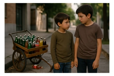 Bir g'ildiragi singan ichimliklar ortilgan arava uning yonida aka uka bir biriga havotirli nigoh bilan qarab turibdi realistik uslubda yuzi ko'rinmasin sticker